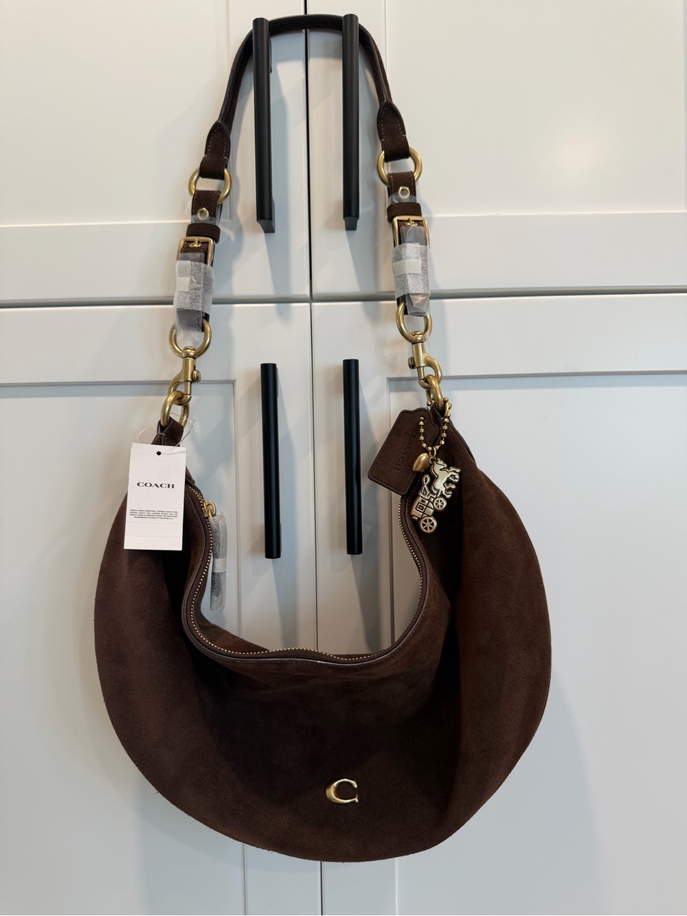 Coach Dark Brown Suede Hobo with Gold Hardware and Charm
